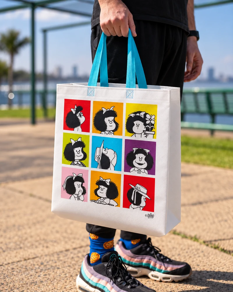 Bolsa reutilizable con fuelle inferior y lateral en uso, diseño Mafalda