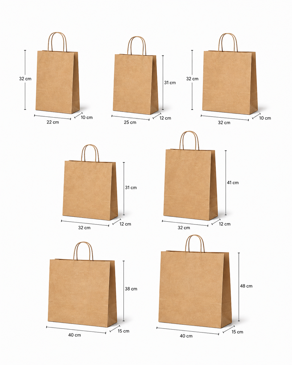 Medidas de bolsas de papel kraft con manija