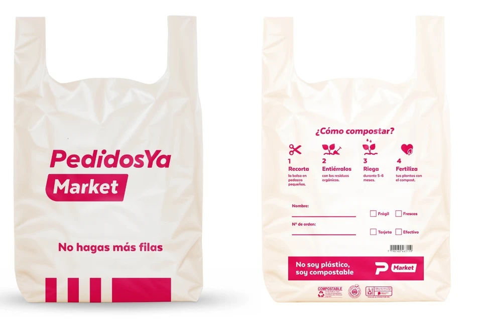 Bolsas compostables de PedidosYa Market, frente y dorso
